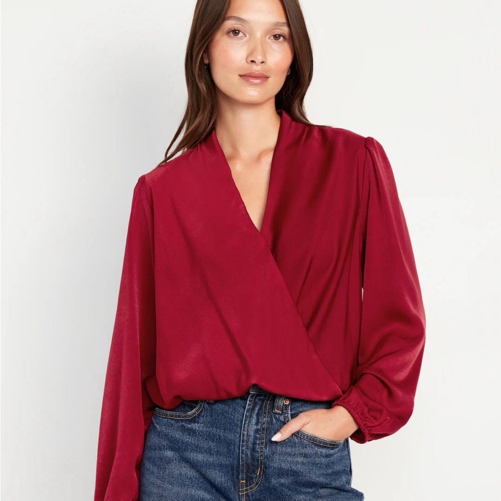 Elegant Red Women's Wrap-Front Satin Top